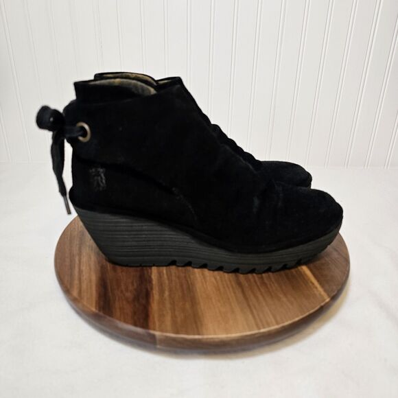 FLY London Yama Suede Wedge Ankle Boots Black Size 39 Tie back closure booties - Picture 3 of 7
